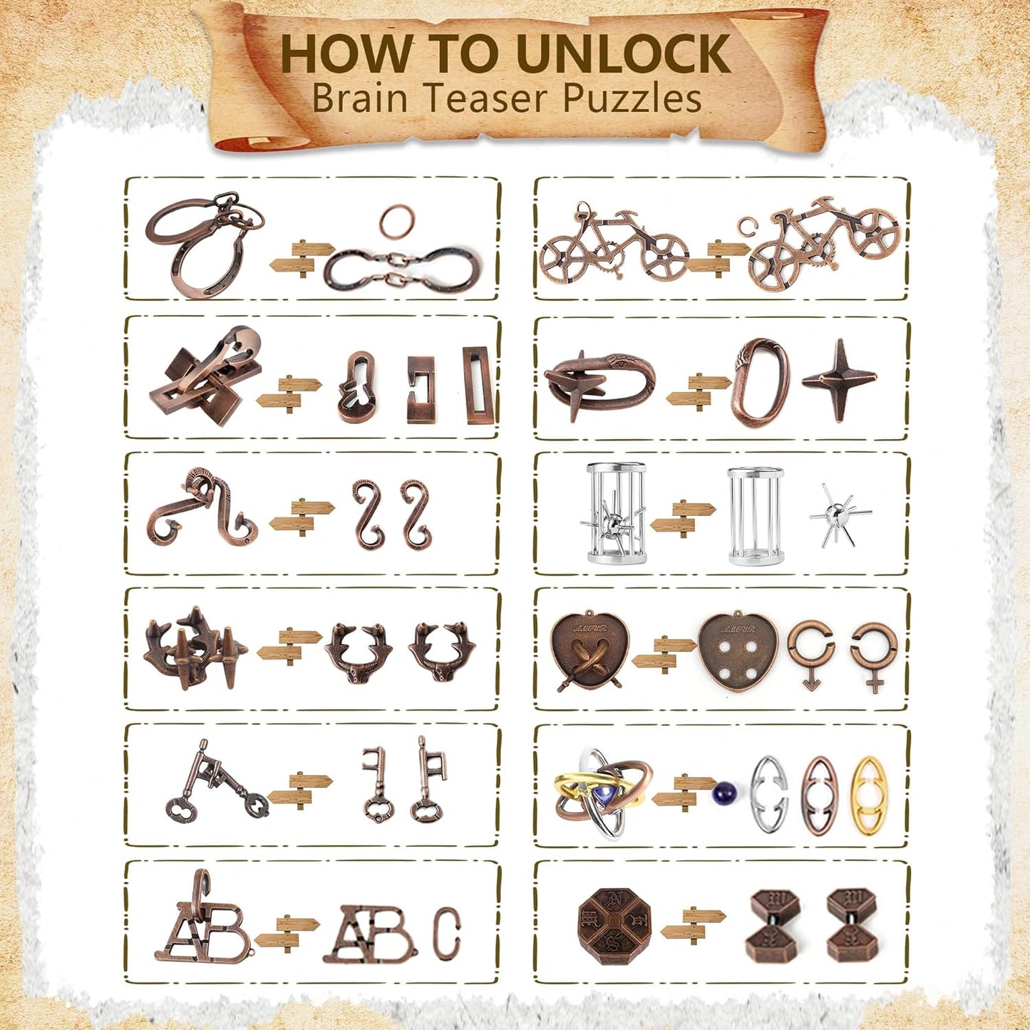 12Pcs Brain Teaser Puzzles for Adults and Teens, 3D Metal Puzzle Set with Various Difficulty Levels, IQ Logic Challenge Disentanglement Game, Fun Handheld Brain Teasers for Focus, Gifts for Boys Girls