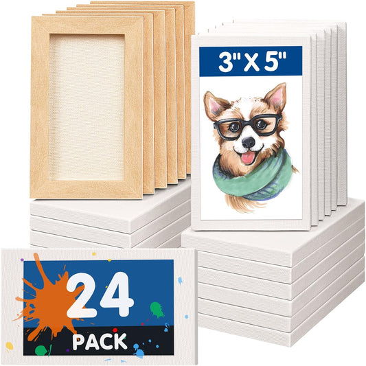 FIXSMITH Mini Stretched Canvas for Painting - 24 Pack 3 x 5 Inch, 2/5” Profile Small Canvases, 100% Cotton Primed Blank Canvas, Home Decor Project, Art Supplies for Acrylic Oil Painting