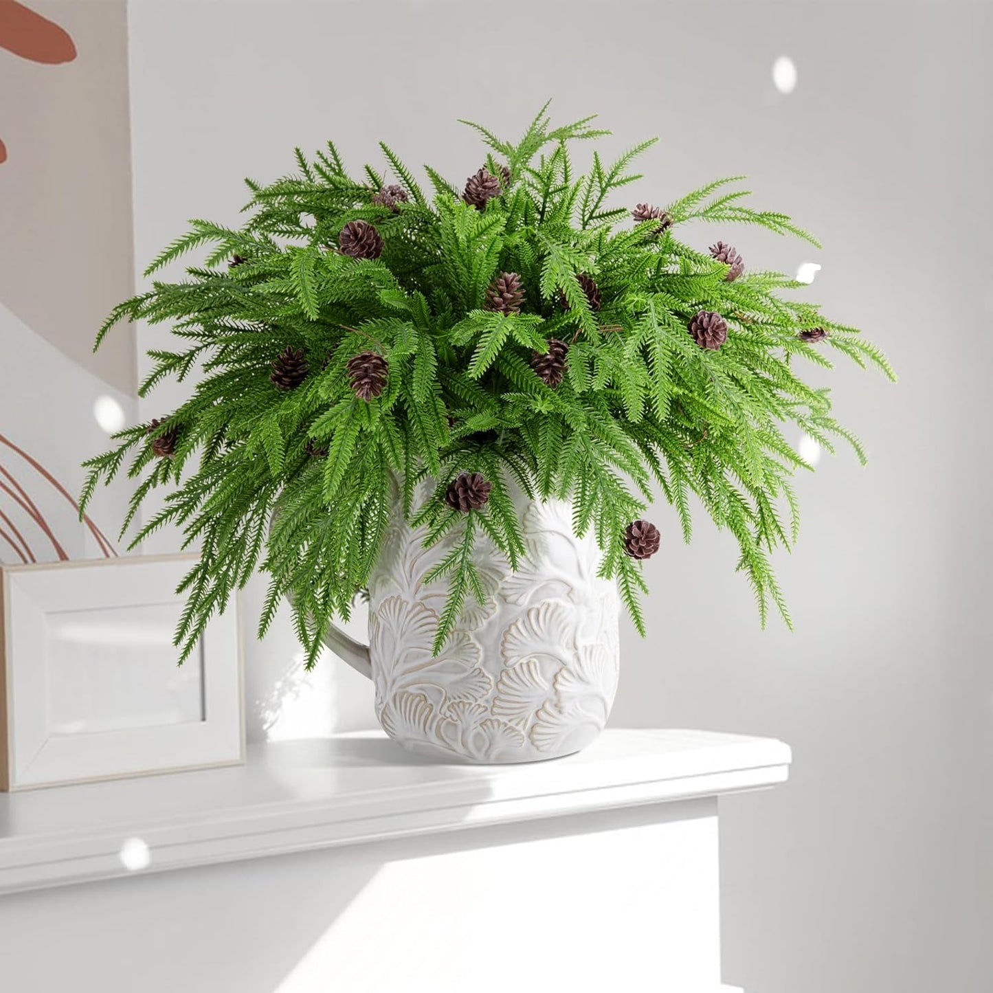 Watayo 15 Pcs Christmas Norfolk Pine Branches with Pine Cones, 19" Extra Length Fake Greenery Norfolk Pine Stems Sprigs, Artificial Xmas Branches Plants Pine Leaves for DIY Craft Garland Home Decor