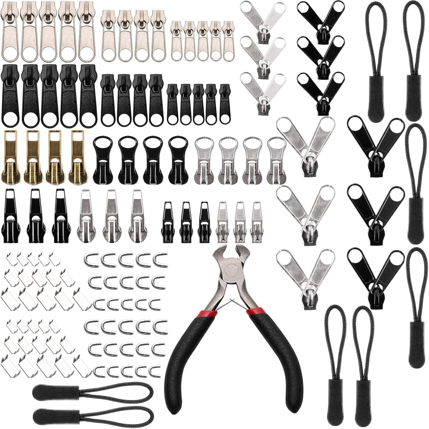 Maosifang 205-Piece Zipper Repair Kit with Zipper Install Pliers, Pull Tabs for Clothing, Bags, Jackets, Luggage, Backpacks, Purses - Black and Silver