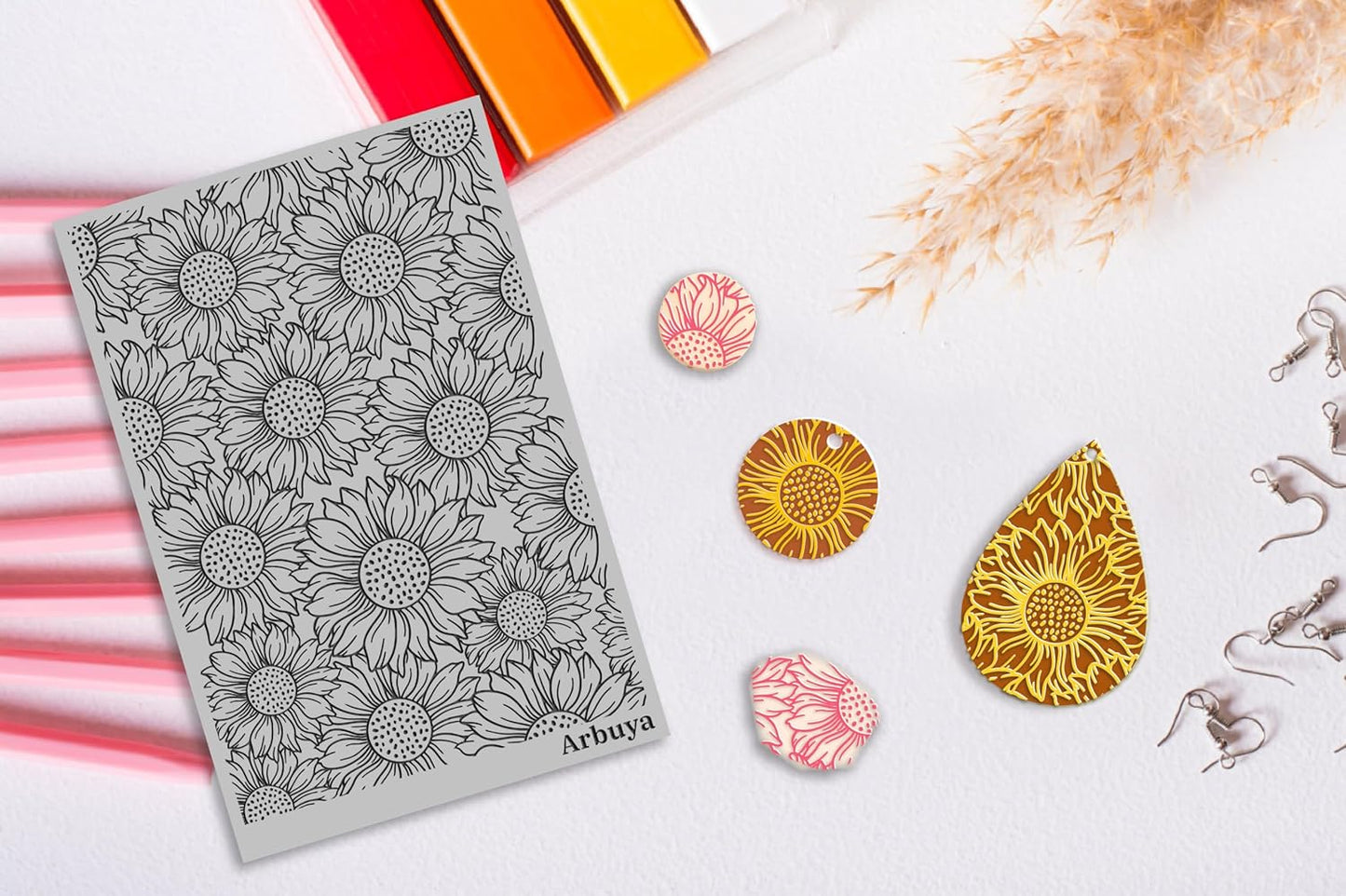 Arbuya Polymer Clay Sunflower Texture Sheets for Earring Jewelry Making, Clay Floral Texture Mat for Polymer Clay Projects Polymer Clay Stamps Earrings Tools