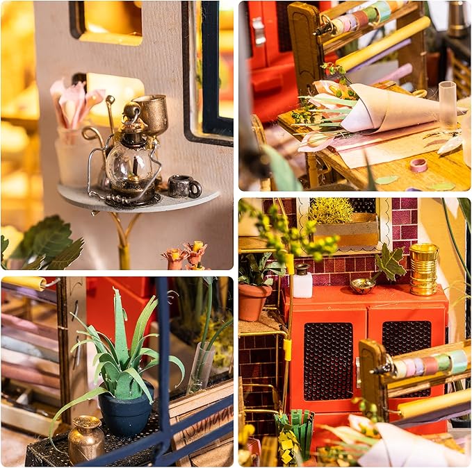 ROBOTIME DIY Dollhouse Kit Mini House with Furnitures Accessories 1:24 Scale Craft Kit - Emily's Flower Shop