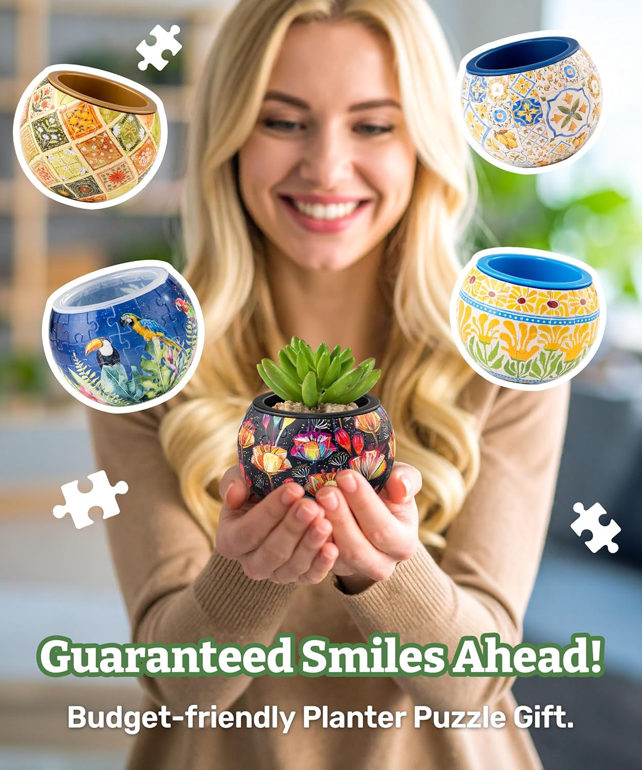 PieceRelax 3D Puzzle Planter - Classic Ornamental Style - Small Round Plant Pots with Drainage, Home Decor Flower Pots for Indoor Cactus, Succulents Pots [K1103]