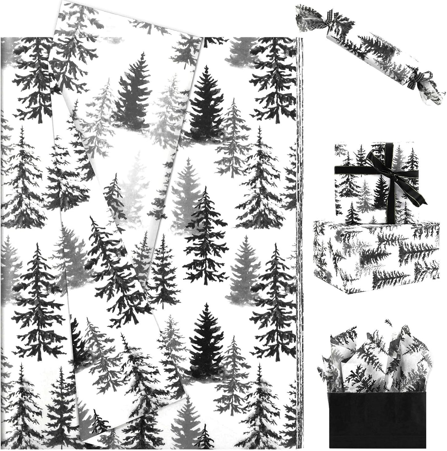 100 Sheets Christmas Tree Tissue Paper, 20x14in Forest Style Wrapping Tissue Watercolor Xmas Tree Art Tissue for Xmas Party Gift Bag Fillers Winter Party Decor (Black)