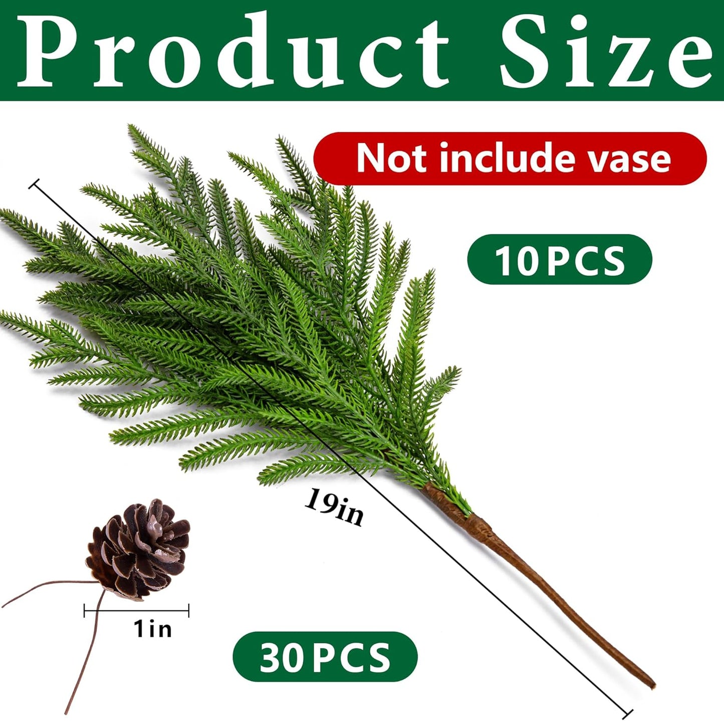 Watayo 10 Pcs Christmas Norfolk Pine Branches with Pine Cones, 19" Extra Length Fake Greenery Norfolk Pine Stems Sprigs, Artificial Xmas Branches Plants Pine Leaves for DIY Craft Garland Home Decor