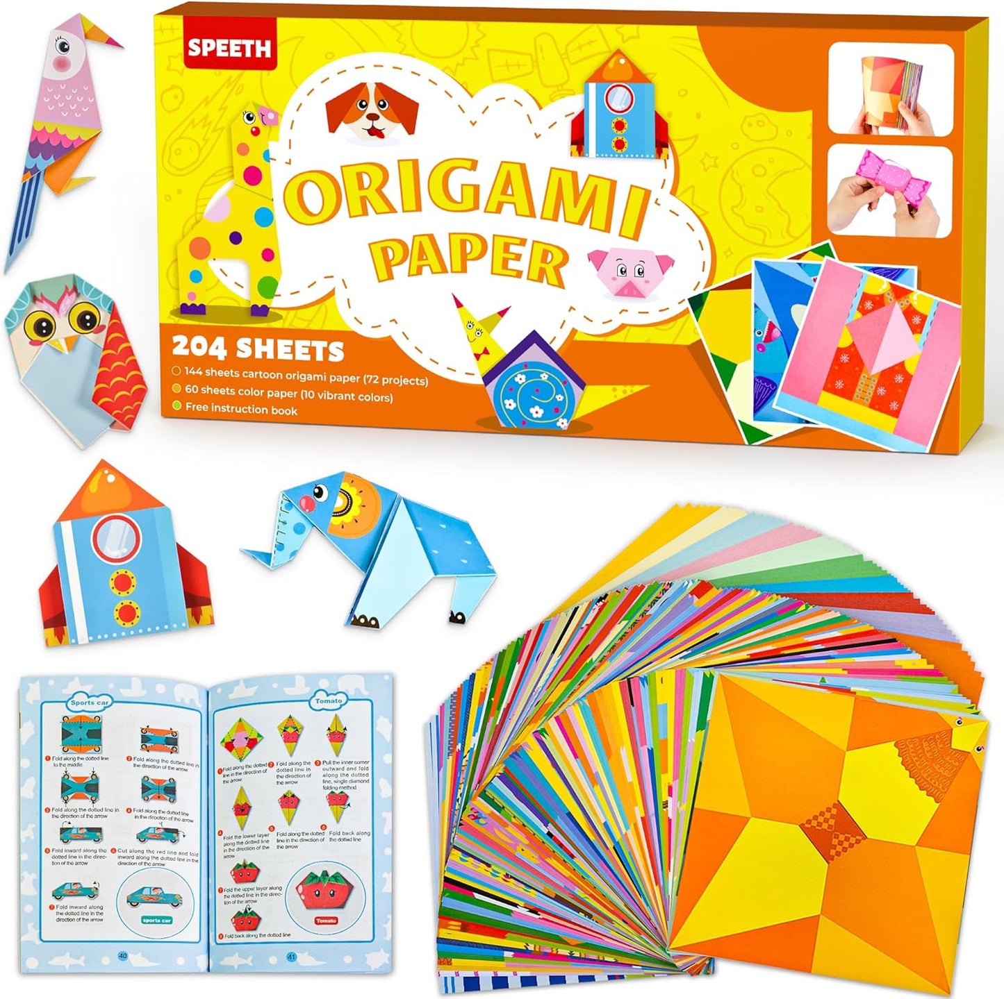 Craft Origami Paper for Kids,204 Sheets Colorful Folding Paper with 72 Patterns and Guiding Book Art Projects Kit for 5-12 Years Old Girl Boy Teen Birthday Christmas Present Preschool Educationa