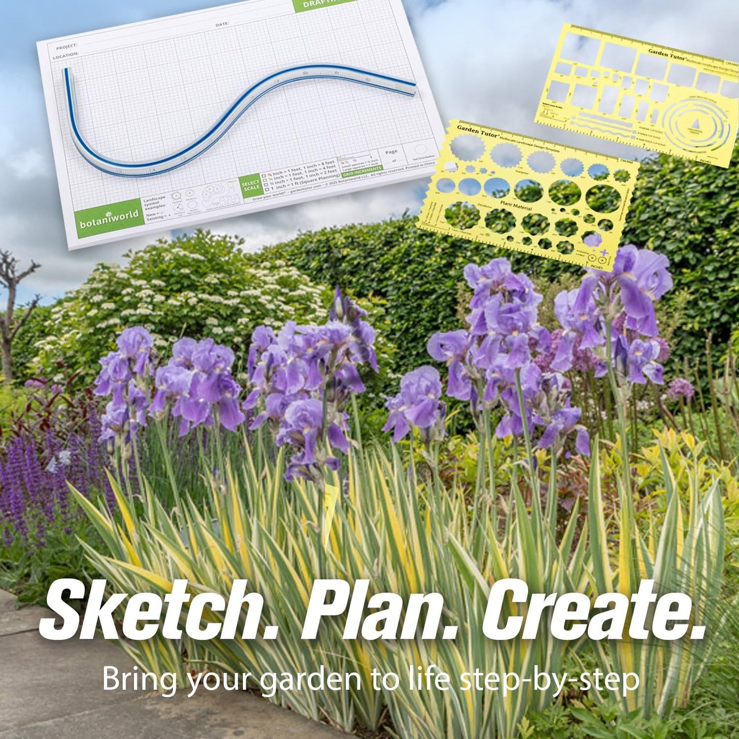 Garden Tutor Multiscale Garden & Landscape Design Kit – 2 Translucent Yellow Design Stencils, 12-Inch Flexible Curve Ruler, 40-Sheet Multi-Scale Graph Paper & Garden Design Guide
