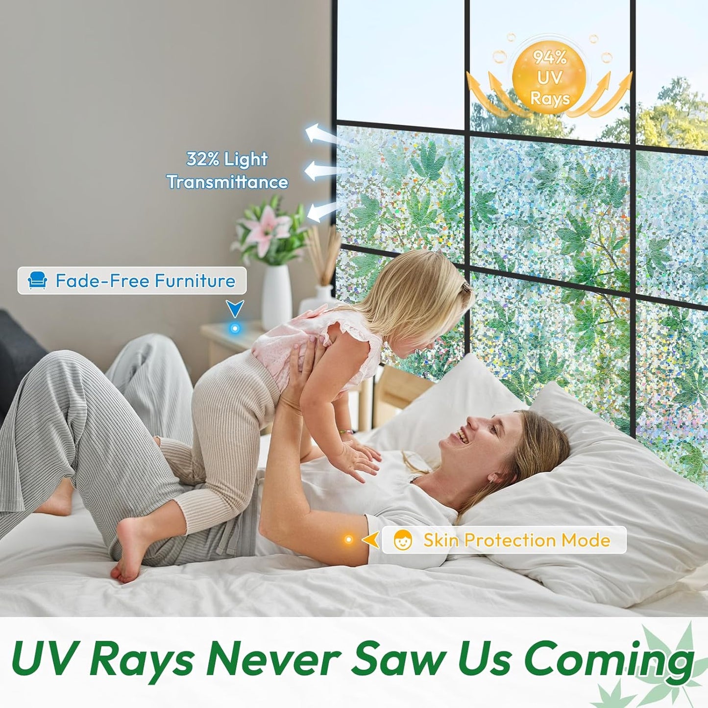 rabbitgoo Rainbow Window Privacy Film Decorative Stained Glass Diamond Pattern Window Sticker with Iridescent Tint Non-Adhesive Static Cling for Home Office Bathroom, Green Leaf 23.6 x 78.7 inch