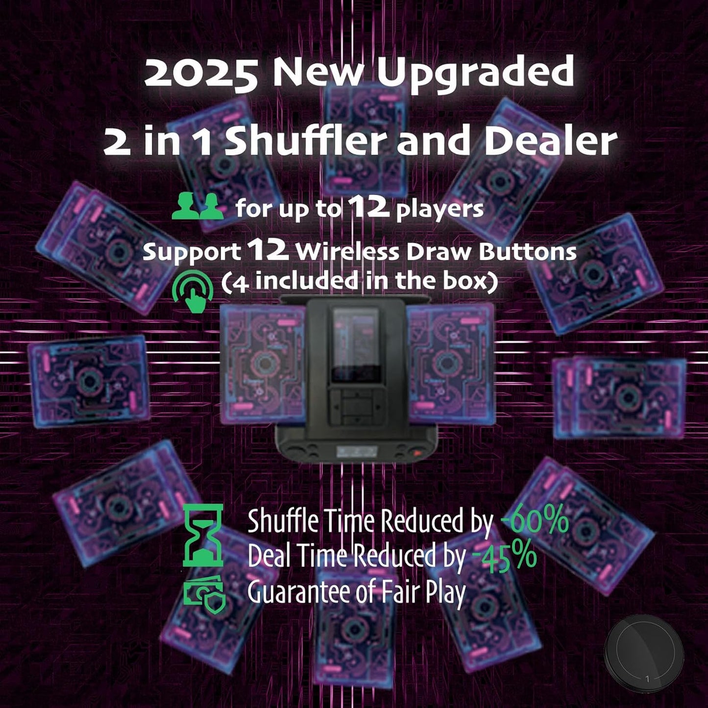 2025 New Smart 2-in-1 Automatic Card Shuffler and Dealer,Programmable Card Dealer,Card Shuffler 2 Deck,360° Rotation,Ultra Quiet,Rechargeable,Support 12 Players,4 Wireless Draw Buttons (Black Pro)