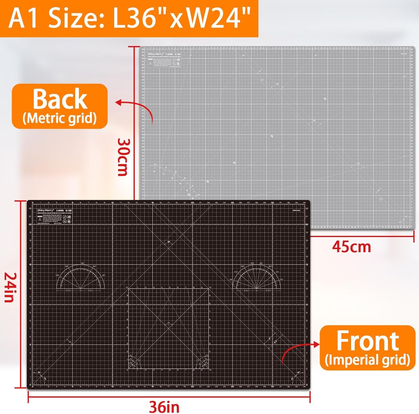 Self Healing Cutting Mat A1 24"x36" – Double Sided 5-Ply Craft Mat for Sewing, Quilting, Fabric, Scrapbooking – Black/Gray