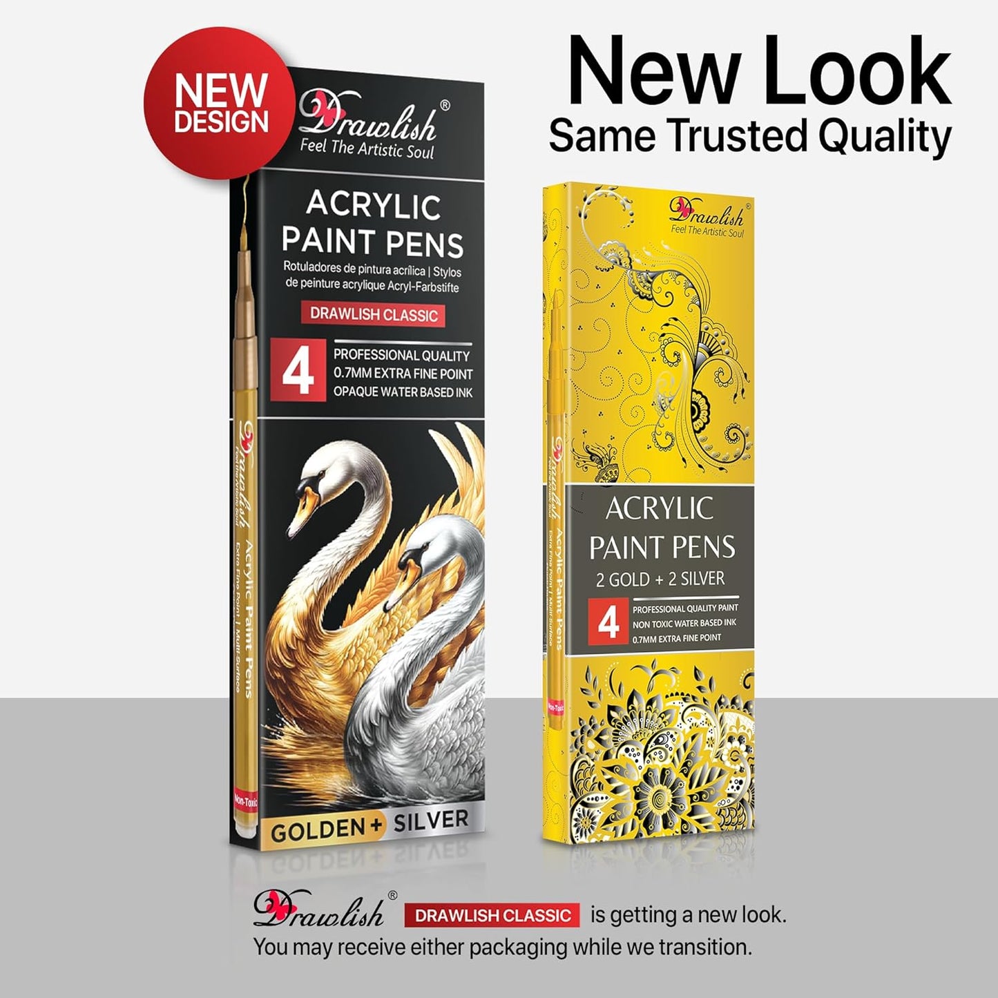 Acrylic Paint Pens - Permanent Markers 2 Gold Pens & 2 Silver Paint Marker Pen Set of 4 Acrylic Pen 0.7mm Extra Fine Tip - Ideal for Rock Painting, Fabric, Glass, Wood, Canvas, Ceramic, Porcelain