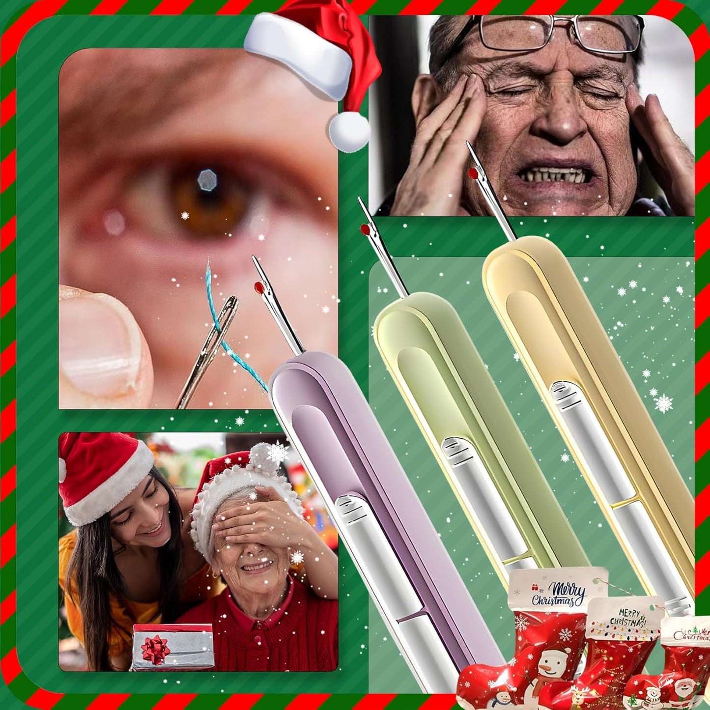 Upgraded 2 in 1 Automatic Needle Threaders Seam Ripper,Quilting Supplies Sewing Kit,Quick Sewing Machine Loop Needle Threaders (Christmas Limited Edition Red-3pcs)