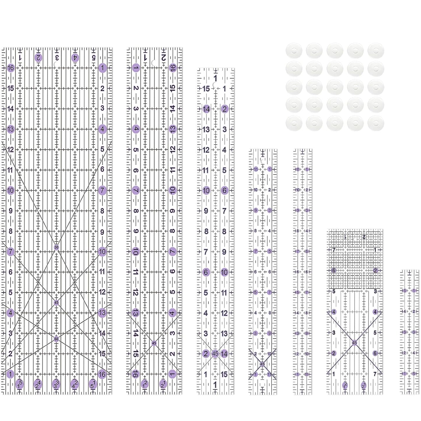 Quilting Ruler, 8 Piece Acrylic Quilting Templates, Sewing Ruler, Fabric Cutting Ruler with Non-Slip Rings, Quilting and Sewing (6"x17", 3"x17", 2"x16", 1.5"x12", 1"x12", 1"x6", 8"x3") (Purple)