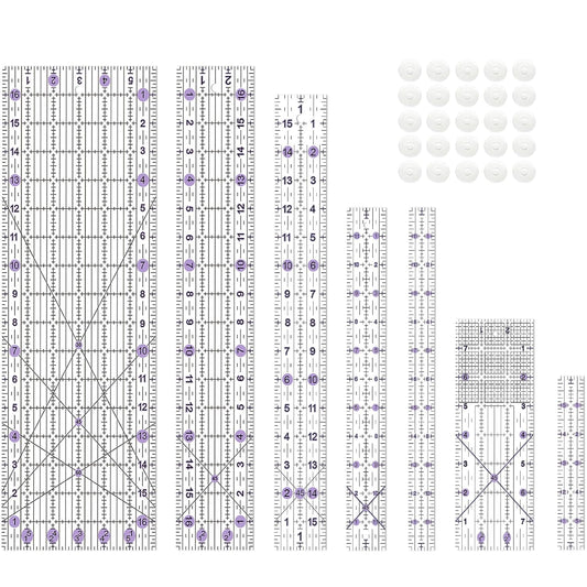 Quilting Ruler, 8 Piece Acrylic Quilting Templates, Sewing Ruler, Fabric Cutting Ruler with Non-Slip Rings, Quilting and Sewing (6"x17", 3"x17", 2"x16", 1.5"x12", 1"x12", 1"x6", 8"x3") (Purple)
