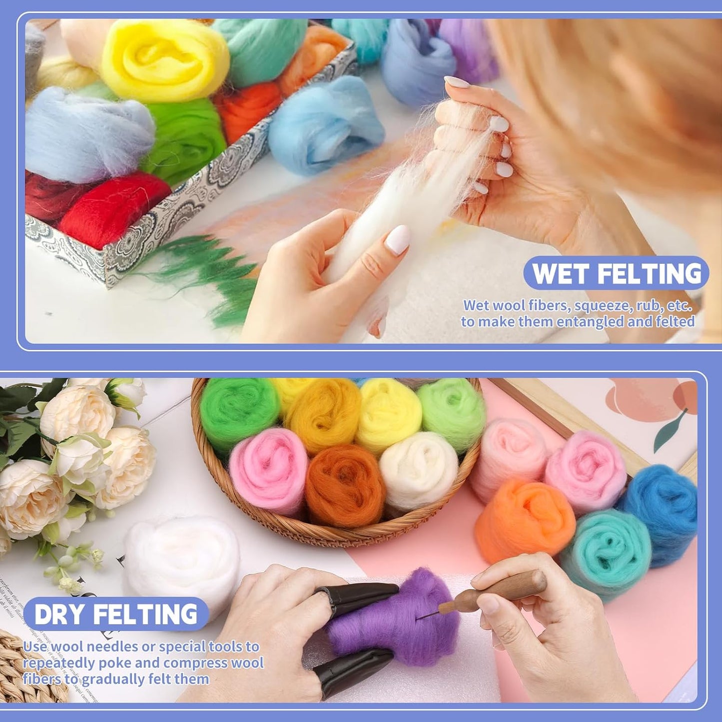 IMZAY 50 Colors Needle Felting Wool, 5g/Pack Wool Roving Yarn, 9.2 Oz Fiber Wool Roving for DIY Hand Spinning, Felting Crafts, Needle Felt Roving DIY Craft, Black/White 10g Each