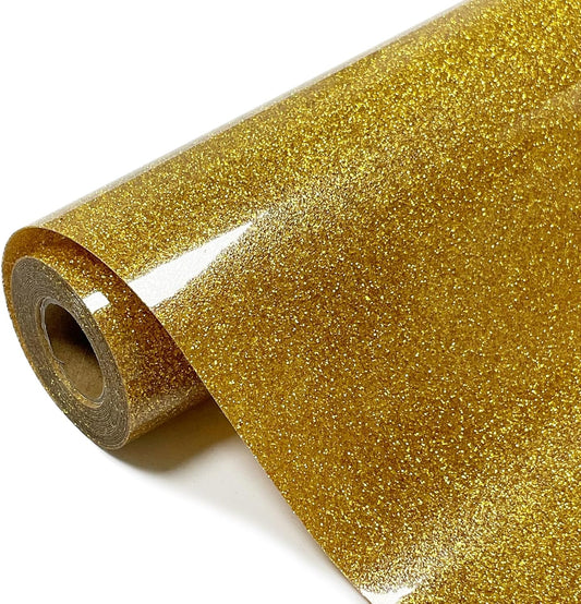 Glitter HTV Heat Transfer Vinyl Rolls- 10" x 8ft. Glitter HTV for Shirts. Iron on Vinyl and Heat Transfer Vinyl for All Cutters Machines. Easy to Cut & Weed Heat Vinyl Designs (Gold)
