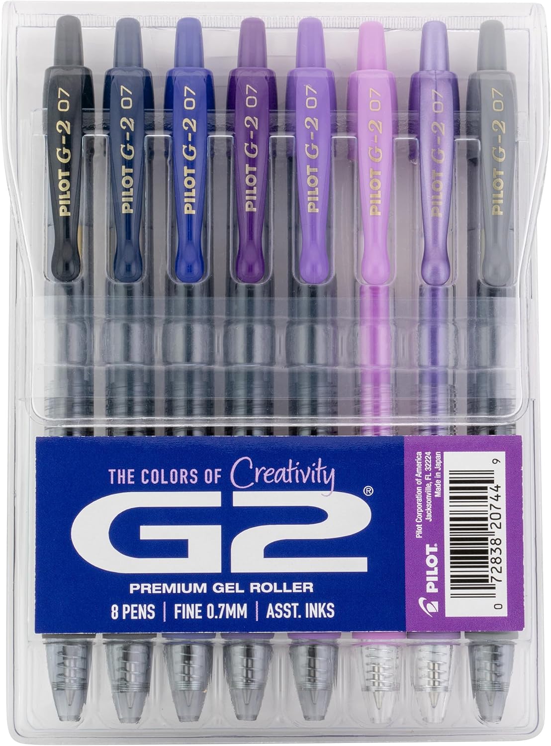 Pilot G2 Premium Gel Roller Pens, Fine Point Gel Pens, Boost Purple Pack, The Colors of Creativity, 8-Pack Pouch, 0.7 mm, Assorted - Ideal for School, Journaling, & Office Writing