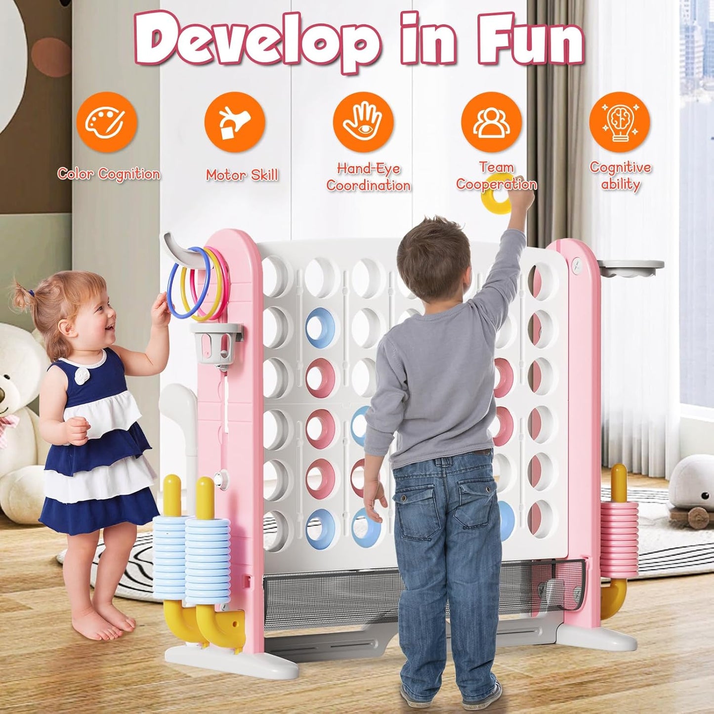 Giant 4 in-A-Row Connect Game Set, Adjustable Height Jumbo Yard Game with Basketball Hoop, Golf, Mesh Pocket & Ring Toss, Indoor Outdoor Family Backyard Party Game for Kids and Adults, Pink-White