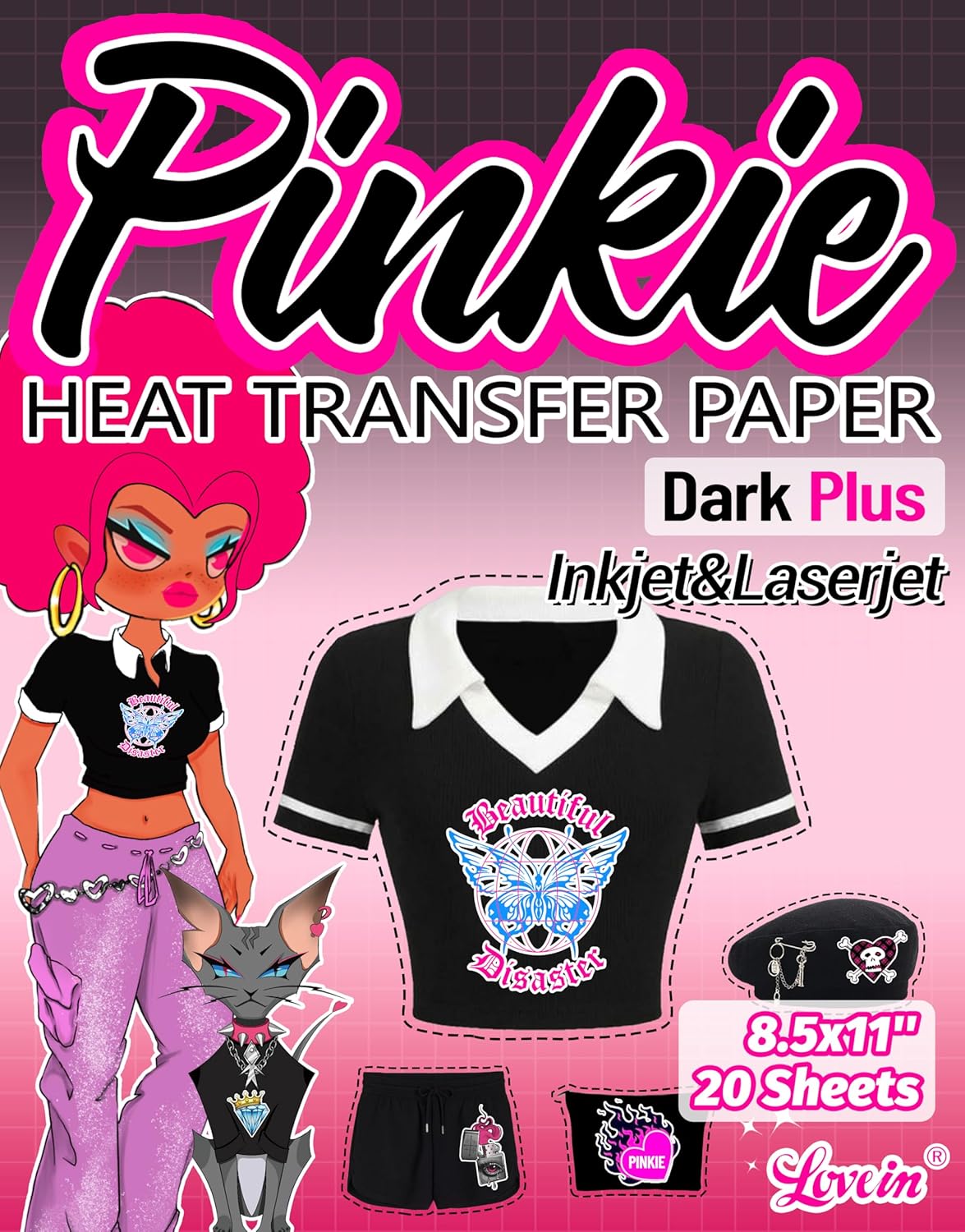 Lovein Pinkie Iron on Heat Transfer Paper for Dark T Shirts (20 Sheets 8.5x11", Dark Plus) Printable HTV Heat Transfer Vinyl for Inkjet & Laserjet Printer Iron on Transefers Paper for Dark Fabric