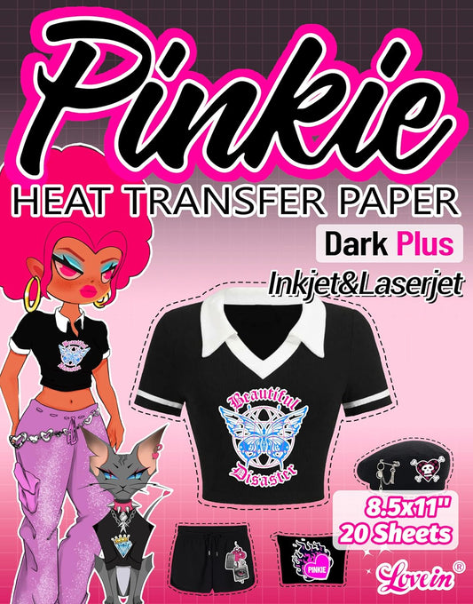 Lovein Pinkie Iron on Heat Transfer Paper for Dark T Shirts (20 Sheets 8.5x11", Dark Plus) Printable HTV Heat Transfer Vinyl for Inkjet & Laserjet Printer Iron on Transefers Paper for Dark Fabric