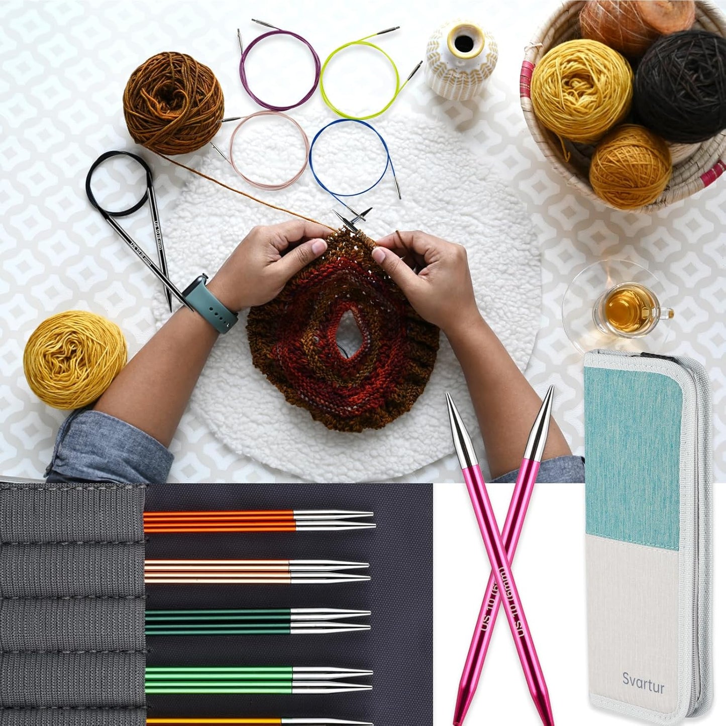 Svartur Interchangeable Circular Knitting Needles Set, with Multicolored Circular Knitting Needles and Cables, Accessories and Knitting Needle Storage Case, 9 Pairs