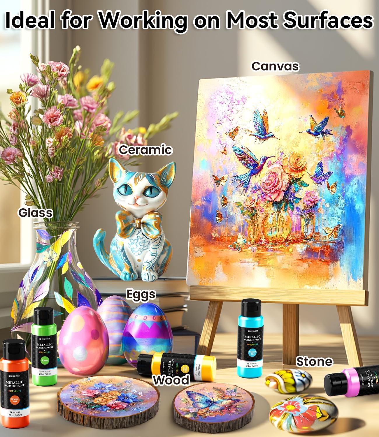 64 PCS Metallic Acrylic Paint Set with 12 Brushes, 2 Knives & Palette, 48 Colors (2oz/60ml) Art Craft Paint for Adults Kids Artists Beginners, Halloween Pumpkin Canvas Ceramic Rock Painting Kit