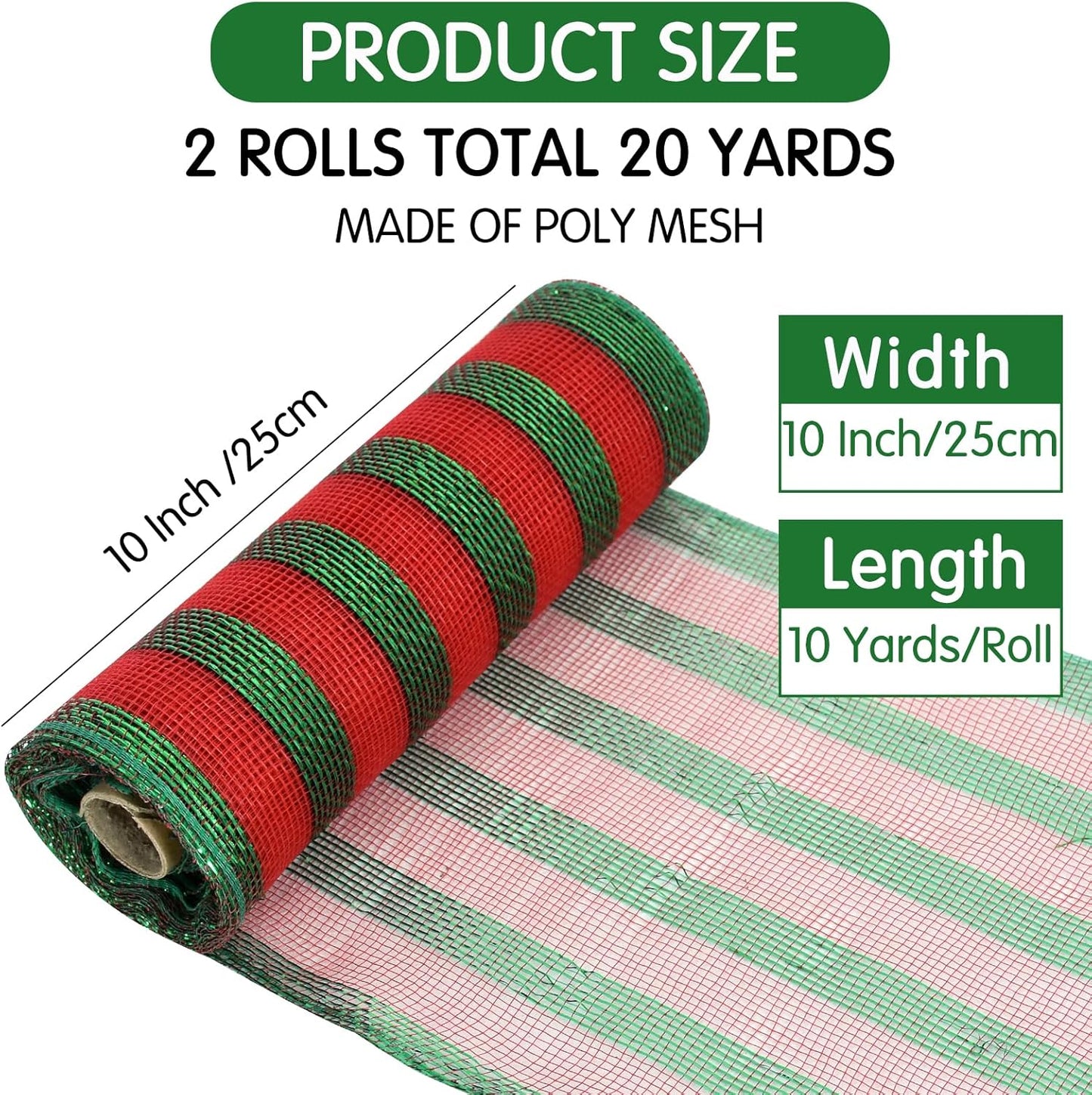 TONIFUL 2 Roll 10 Inch Red and Green Striped Decorative Mesh Ribbon Rolls for Indoor Decor Christmas Valentine's Halloween Party Accessories Party Decoration Supplies (10yds/roll)