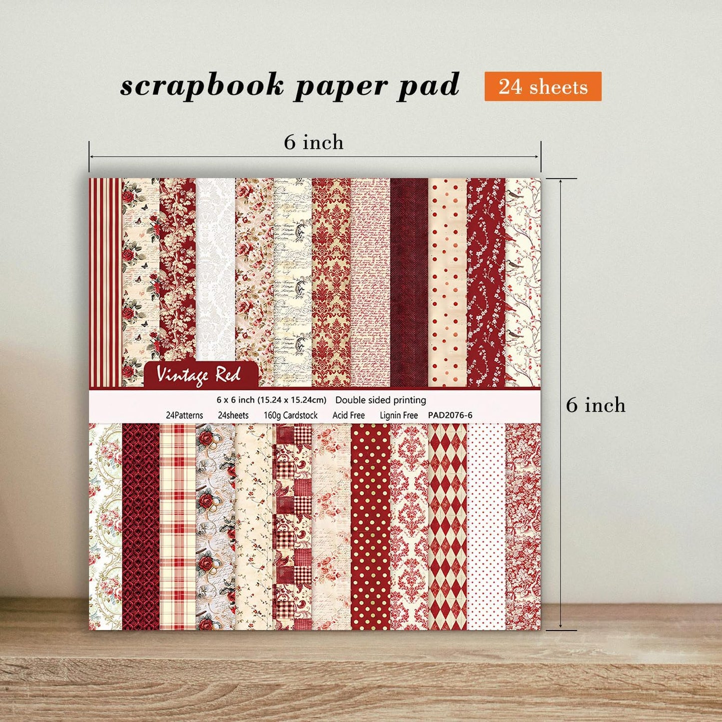 24 Sheets Red Aesthetic Scrapbooking Paper Pad - 6In x 6In Double Sided Flowers Patterns for Photos Album Journals Supplies Decorative Collage Origami DIY Crafts Gifts Wrapping