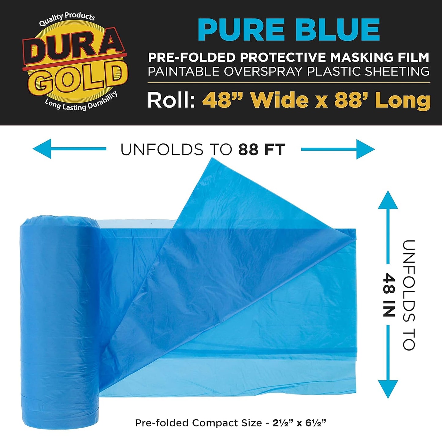 Dura-Gold 48" x 88' Pure Blue Pre-Folded Masking Film - Painters Plastic Roll (0.4 Mil) Pull Down Drop Sheet, Pre-Folded Plastic Sheeting for Painting Protection on Auto, Walls, Furniture