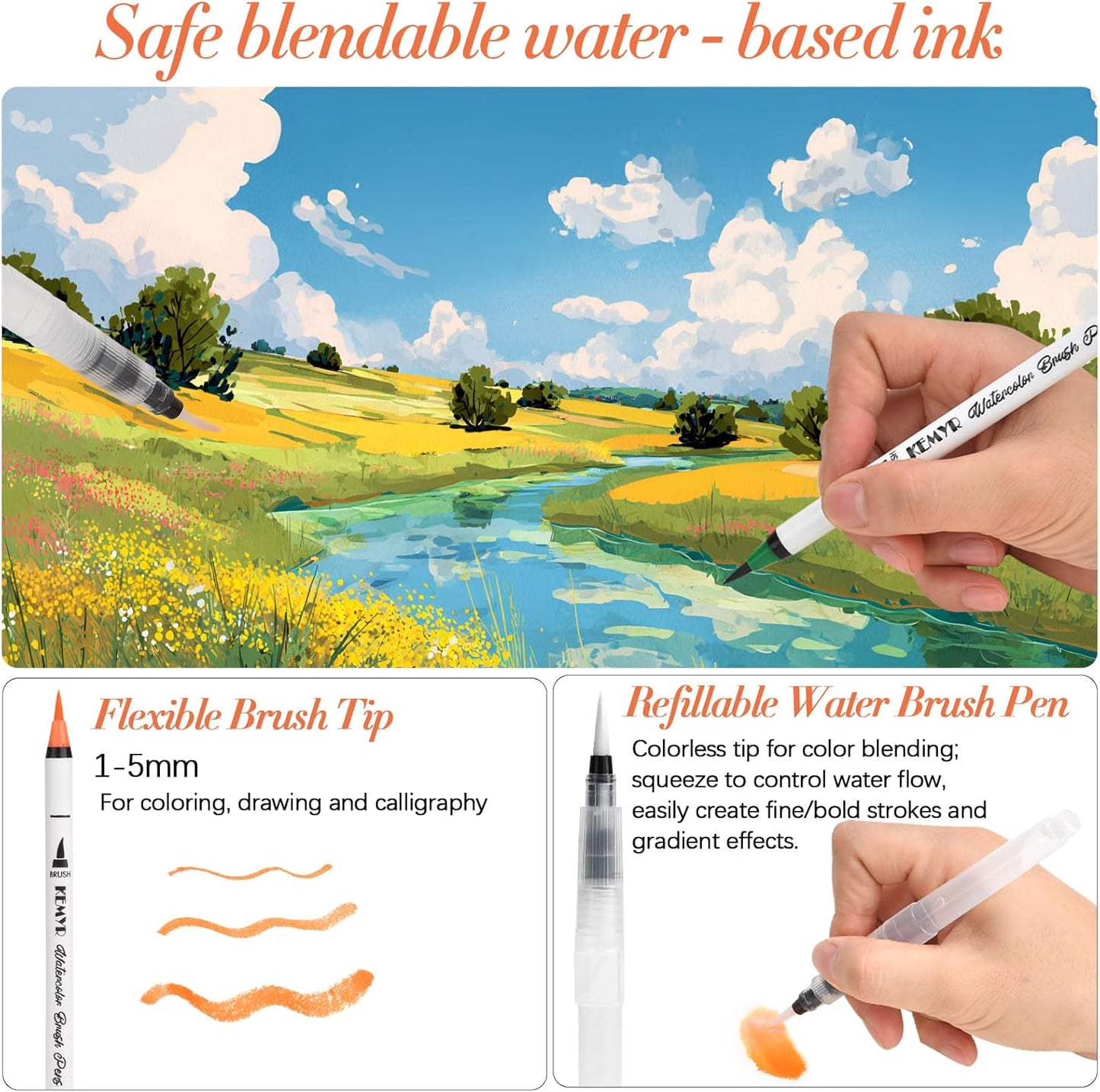 Watercolor Brush Pens,72 Colors Brush Tip Pens for Watercolor Painting, 3 Aquapen Blending Brush,Watercolor Markers for Artists and Beginner Painters Coloring Books, Calligraphy,Manga