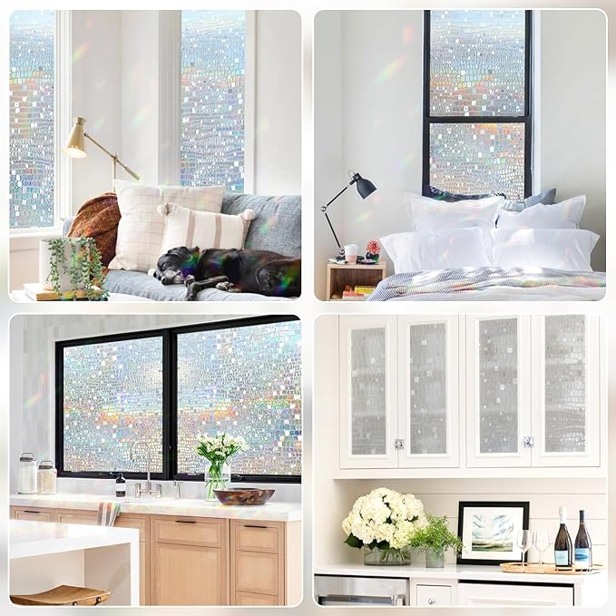 rabbitgoo Window Privacy Film Rainbow Window Film, Mosaic Decorative Stained Glass Cling, Removable Static Cling Tint UV Blocking, Non-Adhesive Privacy Covering, 17.5 x 78.7 inches