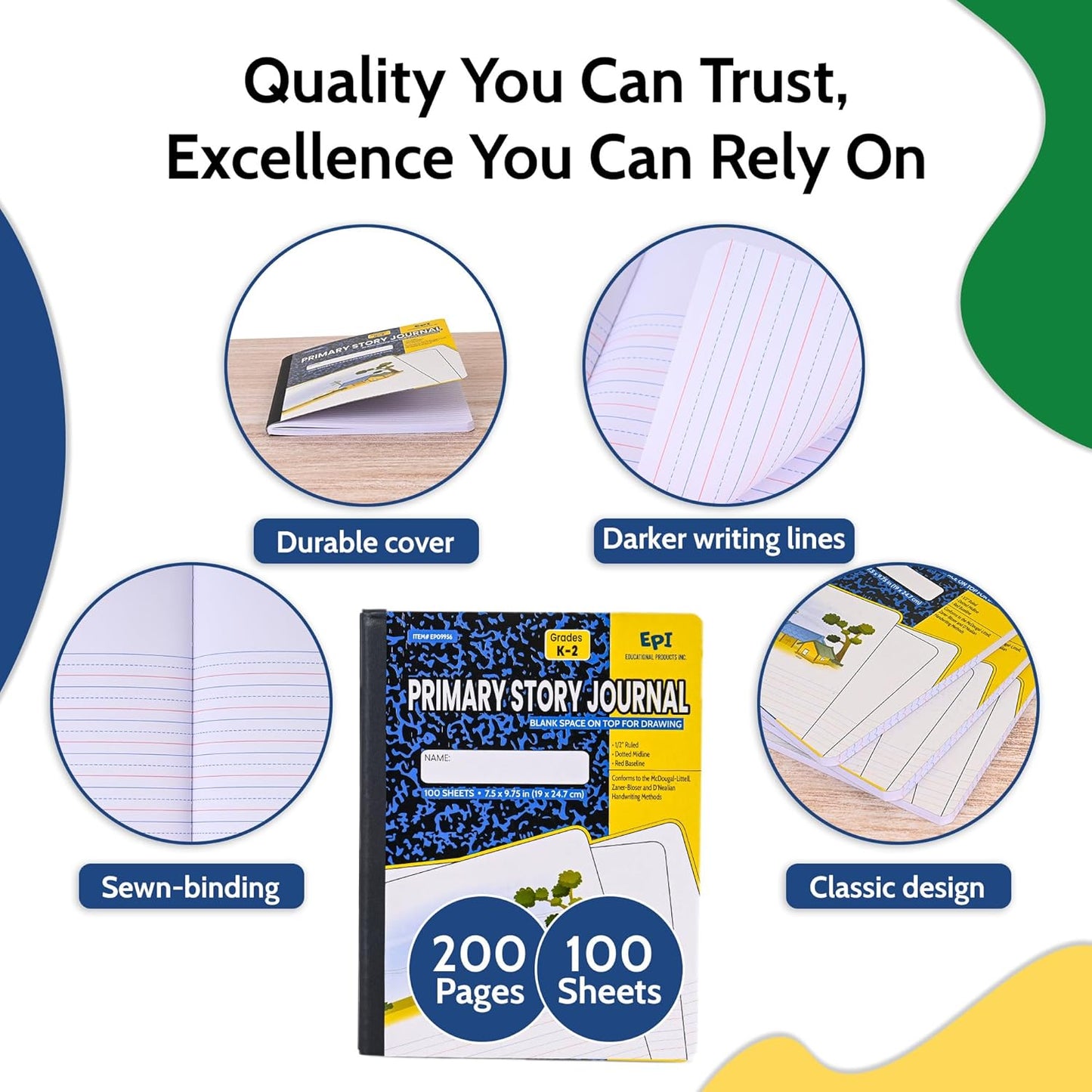 EPI Marble Hardcover Primary Ruled Composition Notebook | 200 Pages (100 Sheets), 9.75 x 7.5 in, Sturdy Sewn Binding | School, Office, Journaling, Notes - 4 Pack