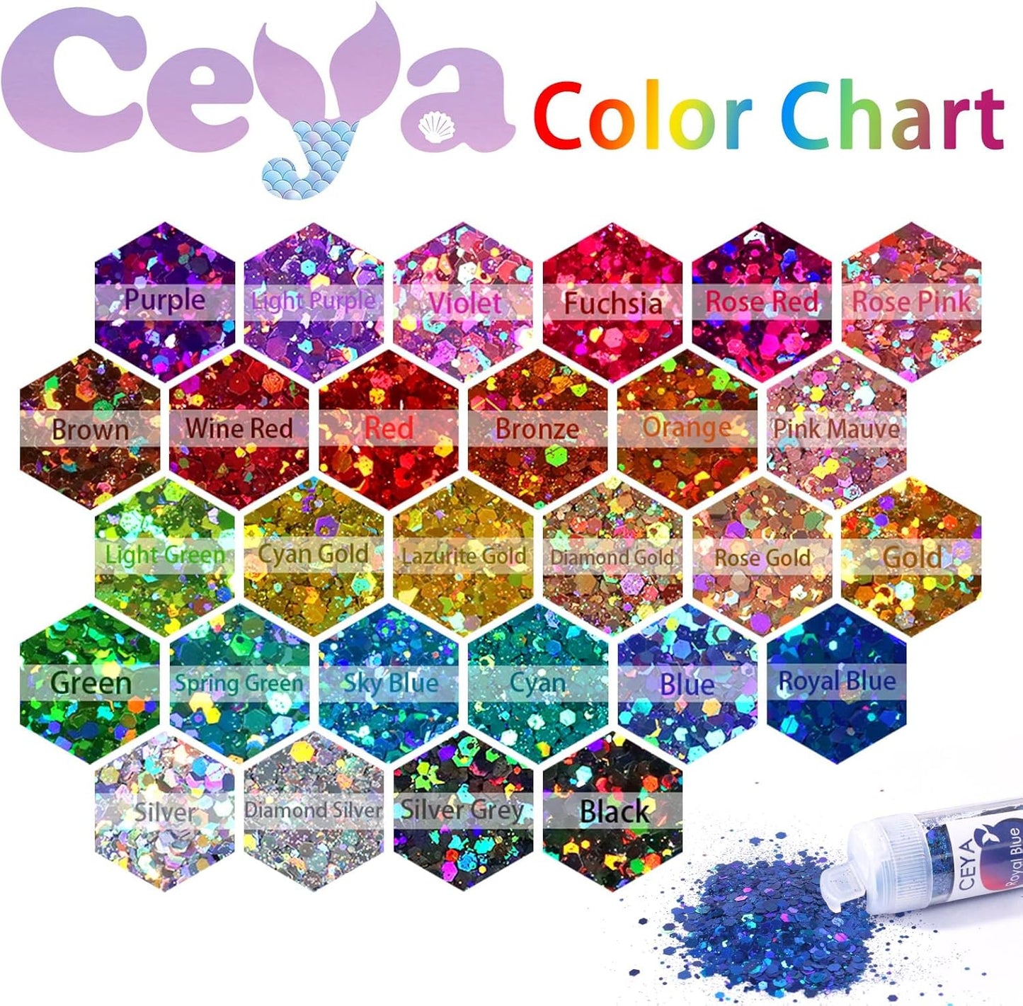 Ceya Holographic Chunky Glitter Set 28 Colors, 9.87oz/280g Craft Glitter Powder Mixed Chunky Fine Sparkle Flakes Each 15ml Iridescent Nail Sequins for Epoxy Resin Nail Art Tumbler Slime Festival Decor