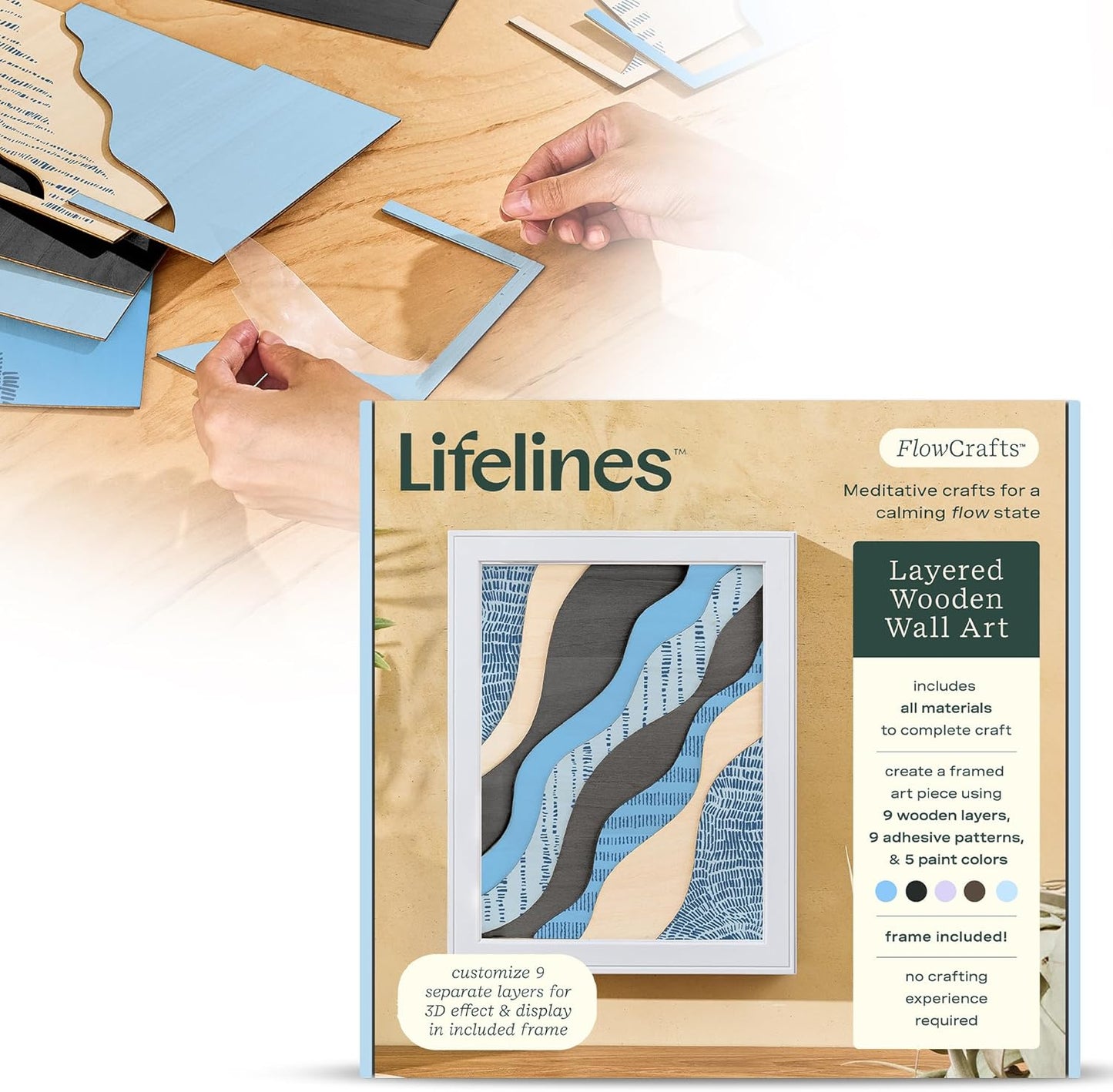 Lifelines FlowCrafts, Layered Wooden Wall Art - Framed Art Piece with 9 Layers, 5 Paint Colors, 9 Adhesive Patterns & Picture Frame - Sensory Arts & Crafts Kit for Teens & Adults - DIY Wall Décor