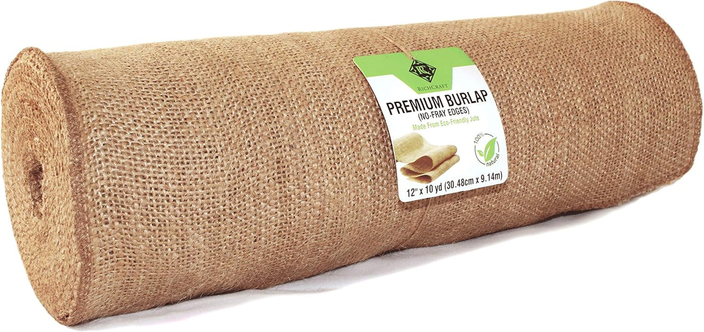 12" x 10yd NO-FRAY Burlap Roll ~ 3 - 5 Table Runners ~ Natural Long Fabric with Finished Edges. Perfect for Weddings, Placemats, Crafts. Decorate Without The Mess!