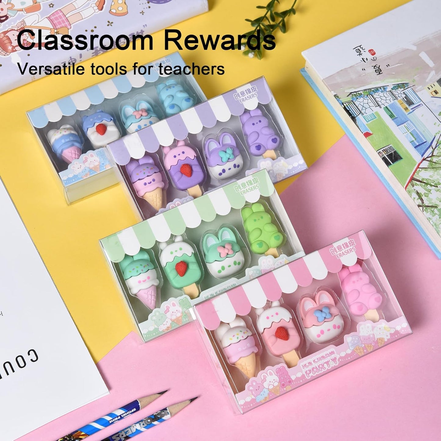 HILAZA 16 Pcs Ice Cream Erasers for Kids, Cute Animal Erasers for Girls, Cool Fun Puzzle Food Erasers for Ice Cream Themed Party Favors