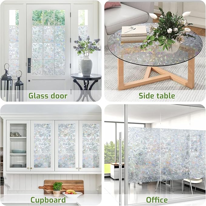 LUTE Window Privacy Film, Rainbow Window Flim, 3D Decorative Stained Glass Cling, Non-Adhesive Vinyl Static Cling UV Blocking Heat Control One Way Glass Covering for Home, Silver, 35.4 x 157.4 inches