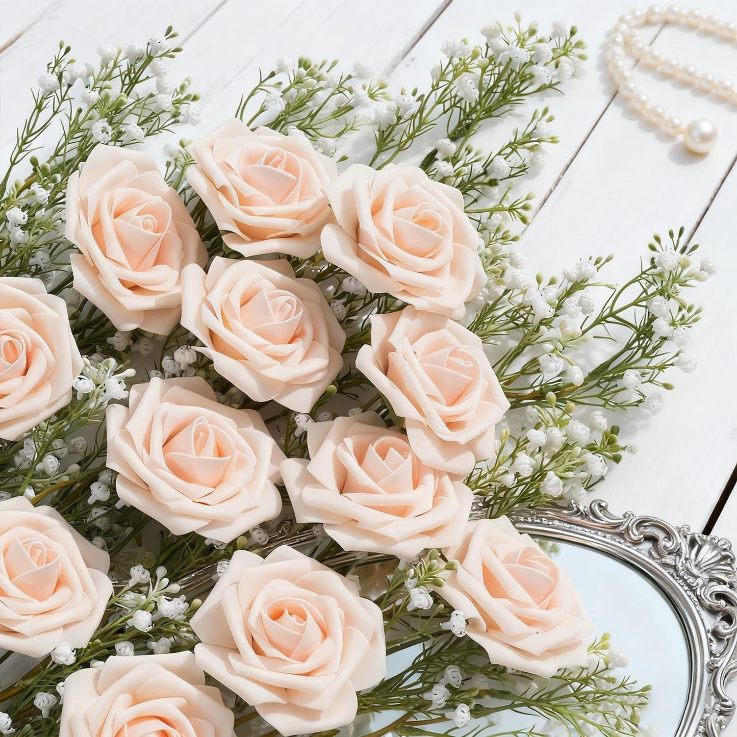 Artificial Flowers Foam Fake Roses 25pcs Champagne Roses with Stems for Home Decor DIY Wedding Bouquets Party Bridal Shower Centerpieces Faux Flower Arrangements Tables Decorations