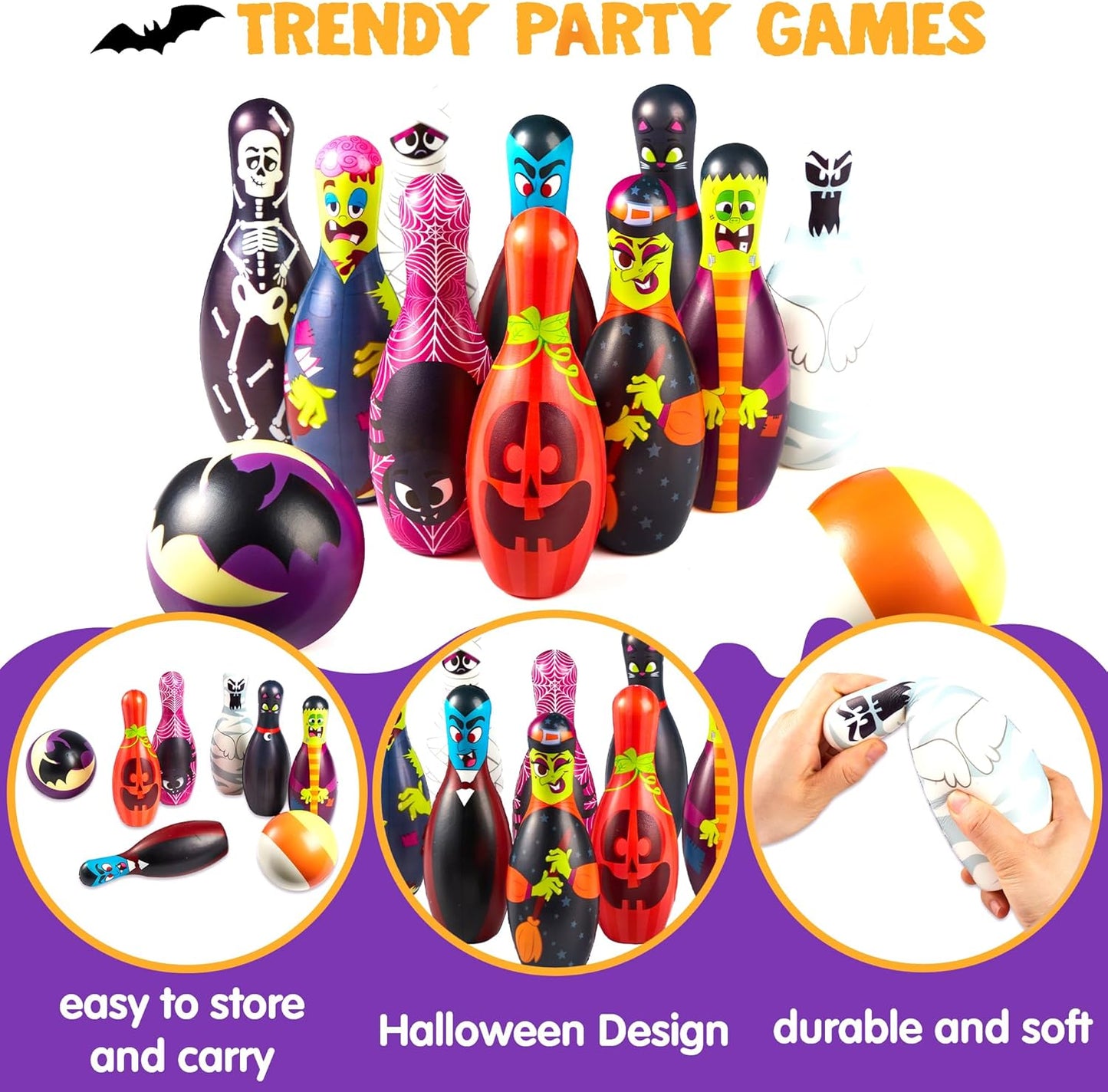 JOYIN Halloween Foam Bowling Set for Kids Toys Party Supplies, Get-Together Party, Game Day Events, Indoor Outdoor Toy Game with 10 Pins & 2 Balls Fun Sports Games, Birthday Parties