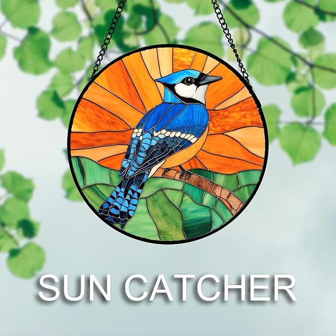 Stained Glass Window Hanging 4 Pcs Set Birds 7.8" - Cardinal Blue Jay Suncatcher Door Garden Sun Catcher Decor Birthday Christmas for Bird Lovers Mom Woman Nana Men