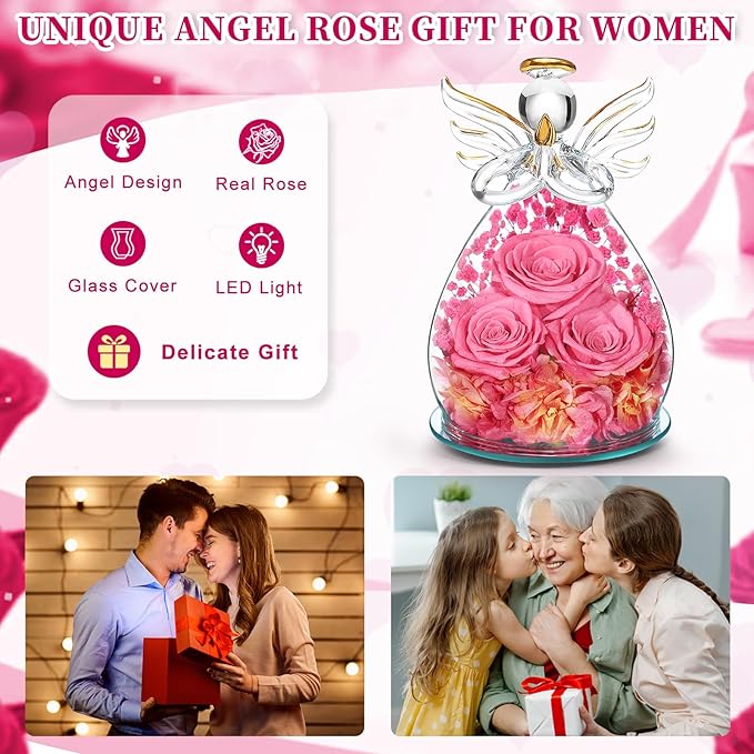 Beferr Valentines Day Rose Gifts for Her Women Mom Gifts for Birthday, Fresh Flowers for Delivery Forever Preserved Rose in Glass Angel Figurine, for Grandma Wife Daughter Girlfriend