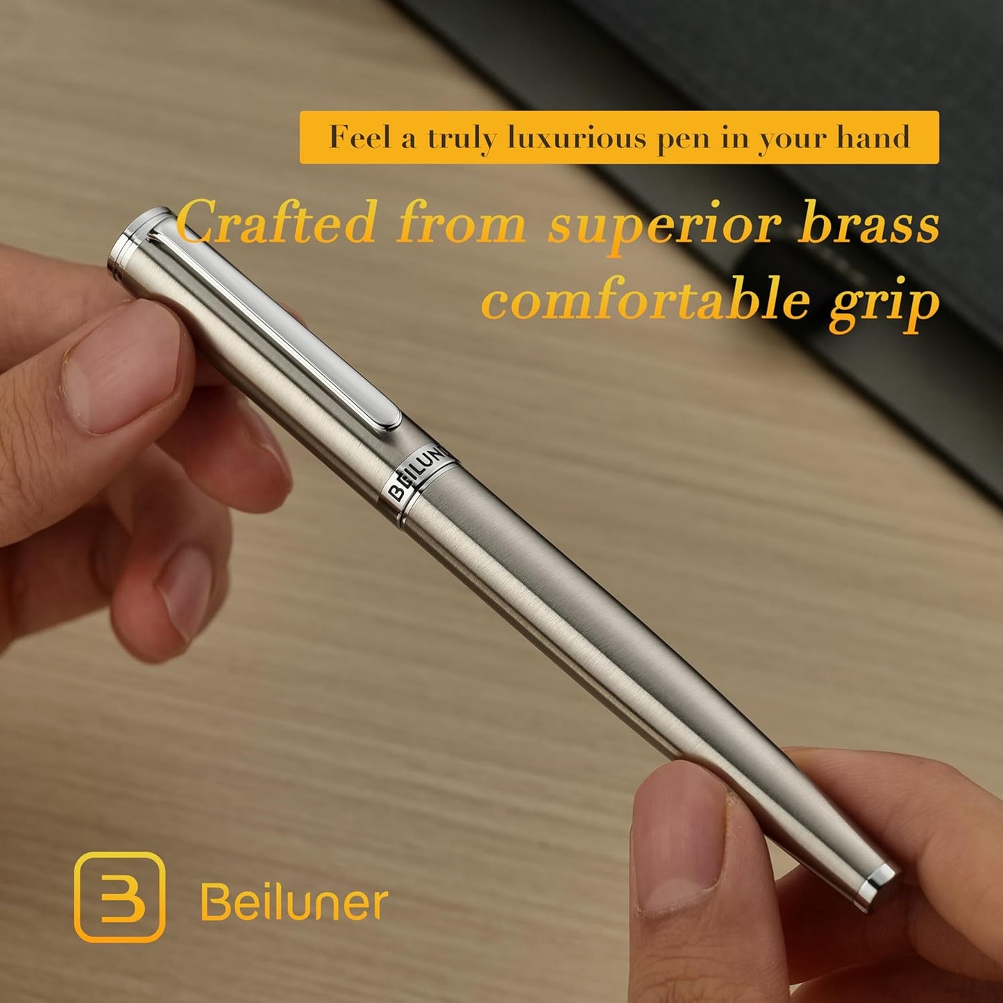 BEILUNER Luxury Fountain Pen Set, Solid 24K Gilded Fine Nib, Silver Stainless Steel Body- Includes 6 Ink Cartridges & Ink Refill Converter with Gift Case - Perfect for Men and Women