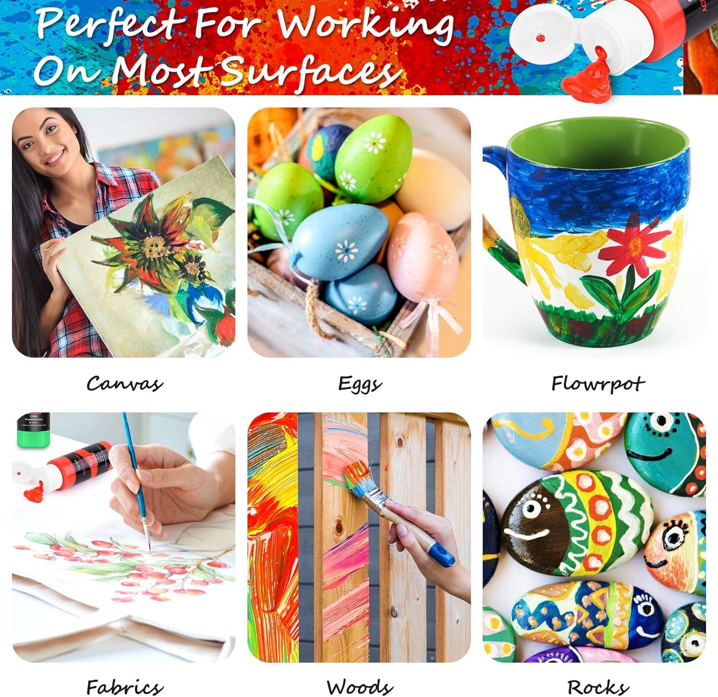 Caliart Acrylic Paint Set, 52 Colors (2oz/Bottle) with 4 Brushes, Art Craft Paints for Adults Artists Beginners Painters, Canvas Halloween Pumpkin Ceramic Wood Fabric Rock Painting Supplies Kit