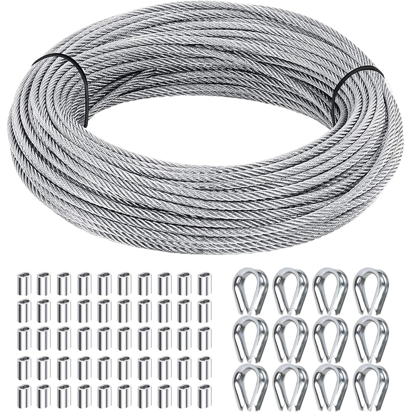 1/8 inch Wire Rope Kit, Haploon 33ft Wire Cable Rope Stainless Steel Cable Railing kit, 50 Pcs Aluminum Crimp Sleeves and 12 Pcs Thimble for Decking,Railing,DIY Outdoor Shades, Picture Hanging