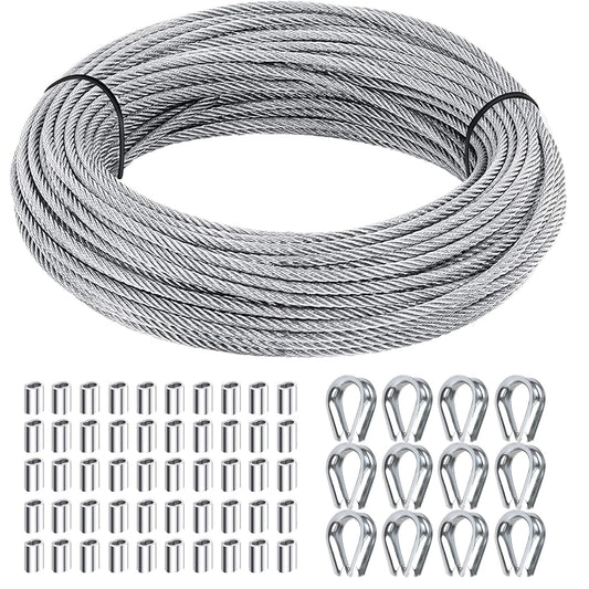 1/8 inch Wire Rope Kit, Haploon 33ft Wire Cable Rope Stainless Steel Cable Railing kit, 50 Pcs Aluminum Crimp Sleeves and 12 Pcs Thimble for Decking,Railing,DIY Outdoor Shades, Picture Hanging