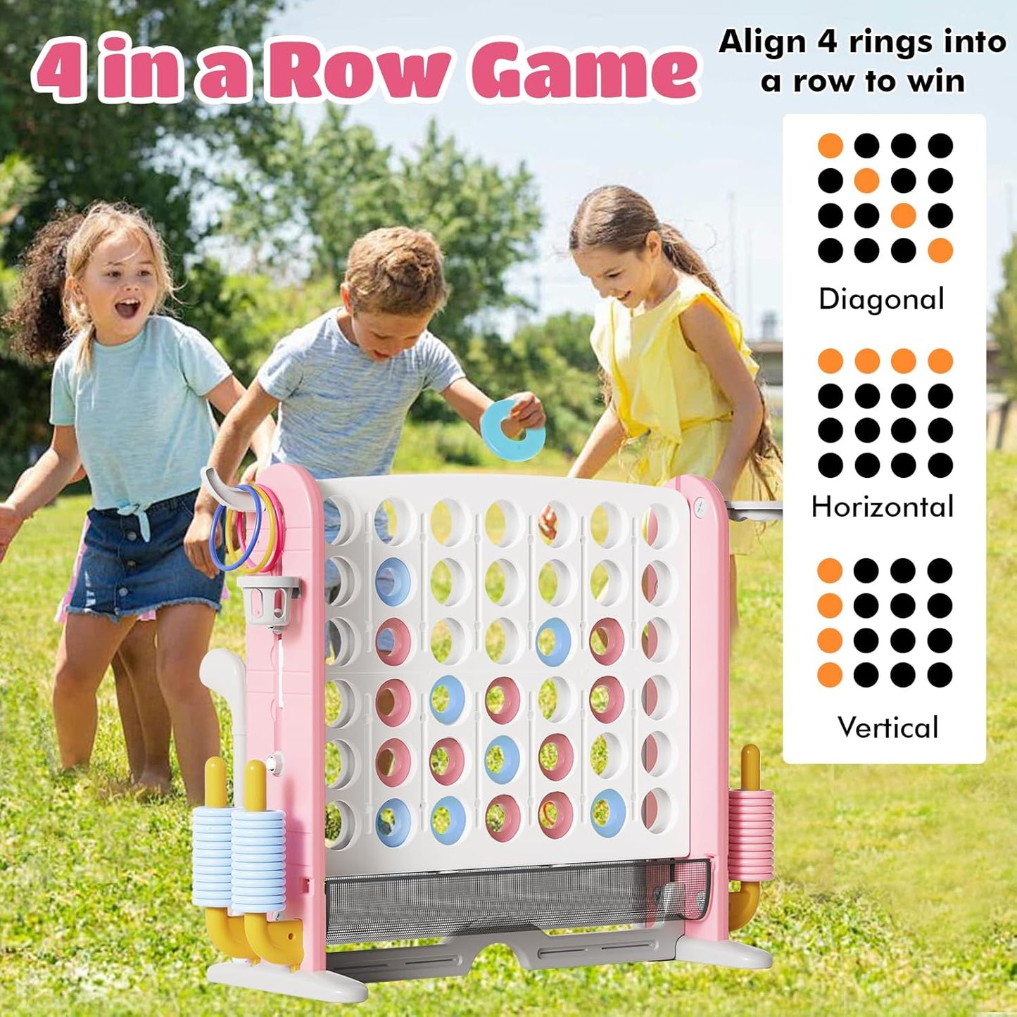 Giant 4 in-A-Row Connect Game Set, Adjustable Height Jumbo Yard Game with Basketball Hoop, Golf, Mesh Pocket & Ring Toss, Indoor Outdoor Family Backyard Party Game for Kids and Adults, Pink-White