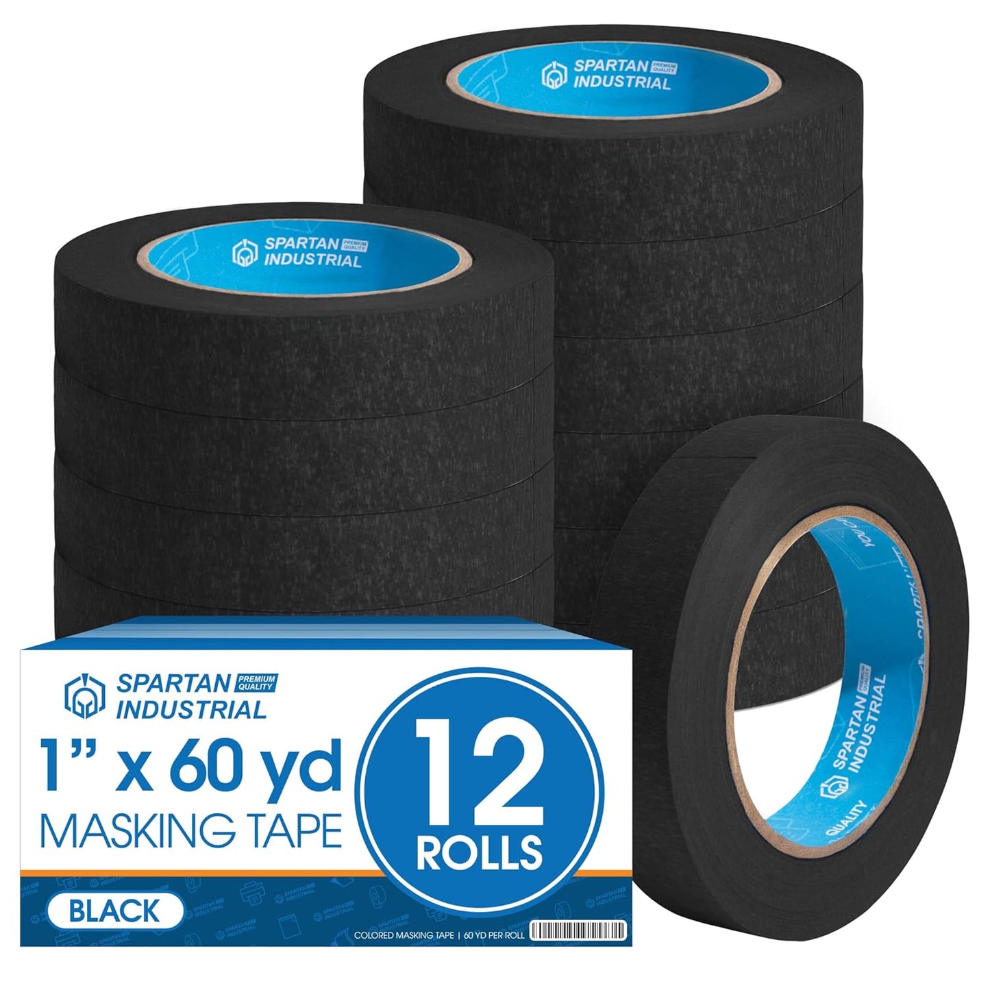 Spartan Industrial - 1" X 60 yd Black Masking Tape - 12 Colored Tape Rolls for Bundling, Labeling, and More - No Residue, 5.5 Mil