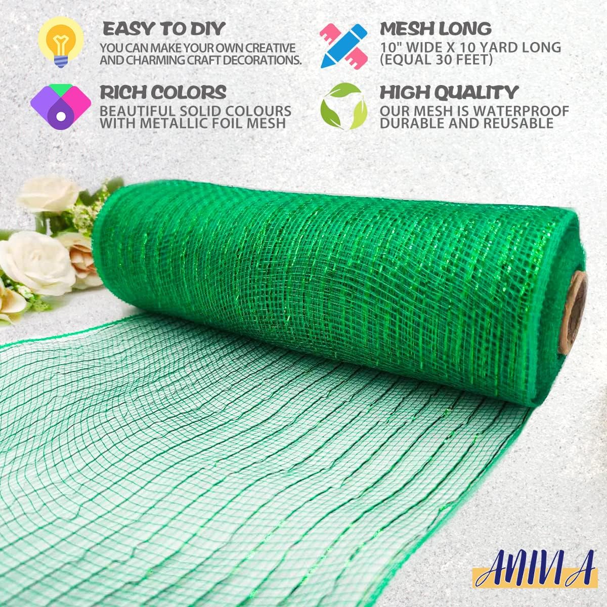 Anivia Deco Mesh Ribbon, 10inch x 30 Feet Each Roll Metallic Foil Mesh Ribbon for Wreaths Swags, Holloween, and Christmas Tree Decoration (Green/Green Foil)