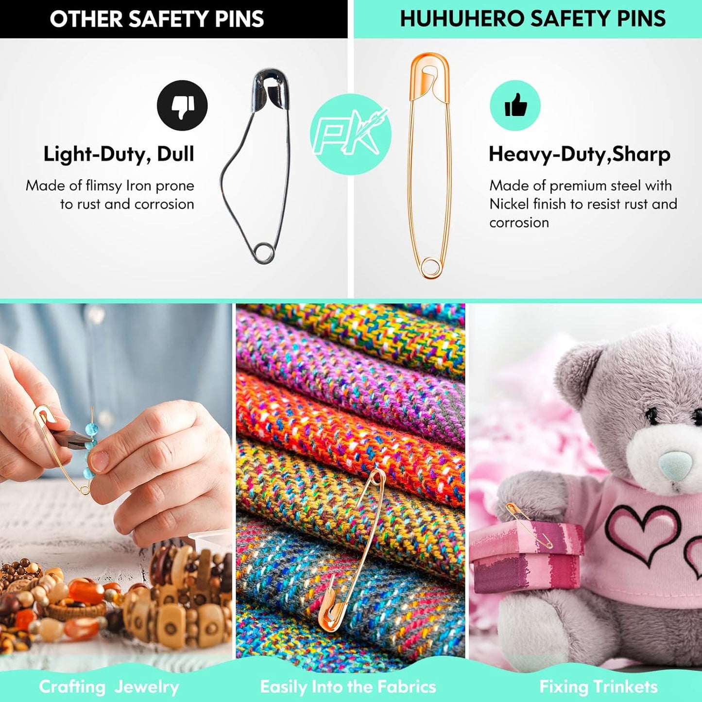 340 Pack Safety Pins Assorted, 5 Different Sizes Small and Large Safety Pins for Clothes Costume, Nickel Plated Steel Bulk, Sewing Crafts Art Supplies, Rose Gold