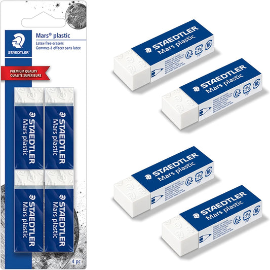 STAEDTLER Mars Plastic Vinyl Erasers (4-Pack), White Erasers for Clean & Precise Results - Latex-Free, Minimal Crumbling, Made in Peru